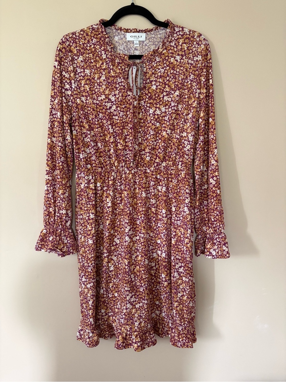 Gilli Stitch Fix Women's Large Burgundy Yellow Floral Long Sleeve Boho Dress